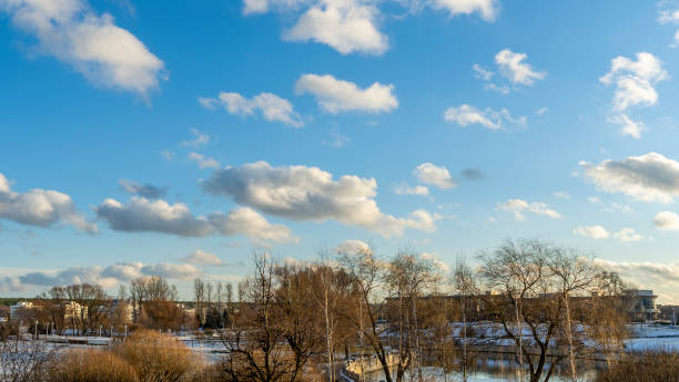 um jovem parque da cidade contra um céu azul brilhante com nuvens. paisagem urbana. primeira neve na cidade. - central park - fotografias e filmes do acervo