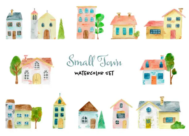 Vector illustration of Small village in watercolor