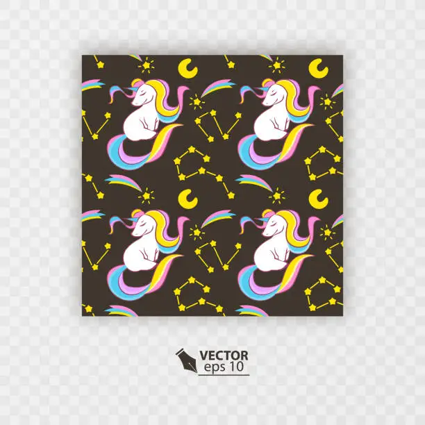 Vector illustration of Unicorn pattern. Seamless pattern with white unicorns, rainbow and stars. Isolated on dark background, Vector format