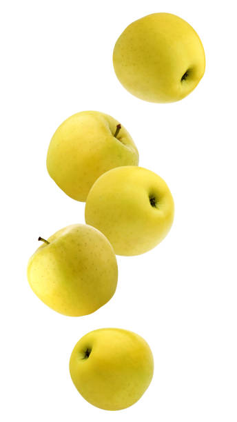 istock falling  yellow apples isolated on a white background with a clipping path. 1364832992