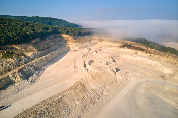 istock Aerial view of open pit mining site of limestone materials extraction for construction industry with excavators and dump trucks. 1364834671