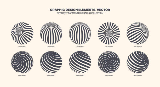 ilustraciones, imágenes clip art, dibujos animados e iconos de stock de diferentes posiciones vector bolas 3d con textura de líneas rectas y espirales - hélice forma geométrica