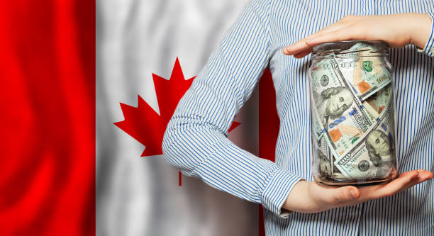 dólares estadounidenses dinero en efectivo en las manos en el fondo de la bandera canadiense - canada investment dollar canadian flag fotografías e imágenes de stock
