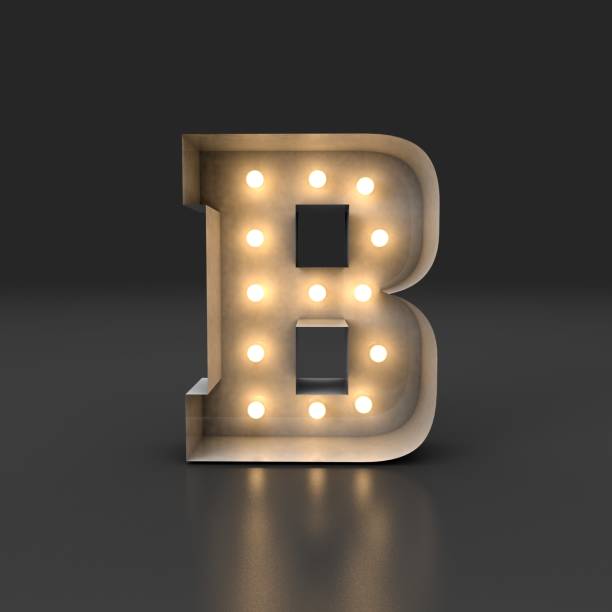 istock 3d Render of letter B of retro white box with bulb backlight, lights reflecting on black background. 1364838127