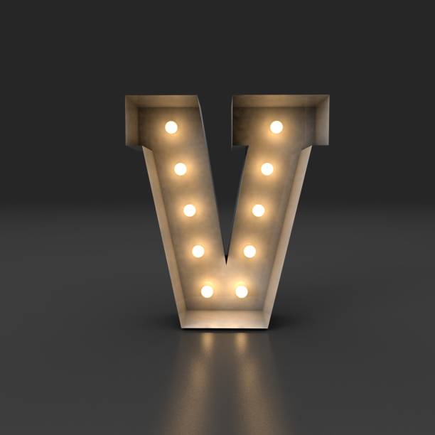 istock 3d Render of letter V of retro white box with bulb backlight, lights reflecting on black background. 1364838224