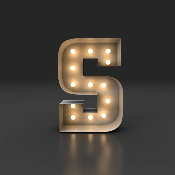 istock 3D Rendering. Retro white box letter S with filament bulb illuminated light reflected on a black background. 1364838259