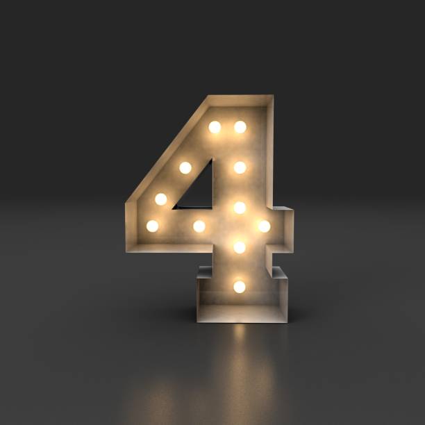 istock 3D Render. Reflected white retro box letter daylight flement bulb illuminated number four concept on black background. 1364838916