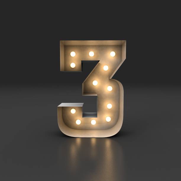 istock 3D Render. Reflected white retro box letter daylight flement bulb illuminated number three concept on black background. 1364838968