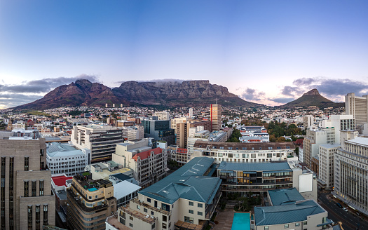 Cape Town with Table Mountain CBD Cityscape panorama during lockdown curfew at sunrise