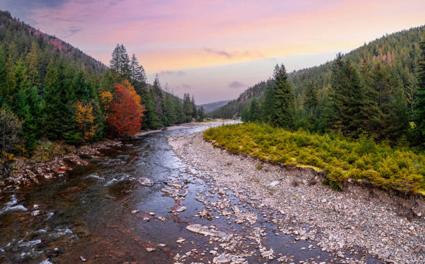 istock River stream running past mountain foot with autumn forest 1364841999
