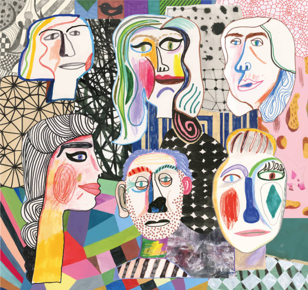 Group of people on a colourful background Mixed media hand drawn/painted people on colourful background piggy man stock illustrations