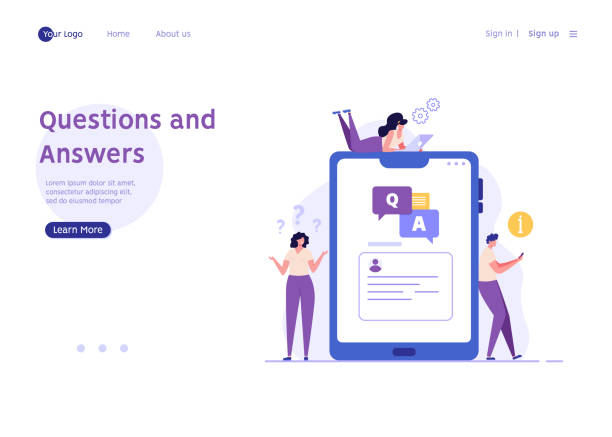 illustrations, cliparts, dessins animés et icônes de les personnes qui posent des questions dans le chat d’assistance. les clients trouvent une réponse. concept de guide client, chat d’assistance, faq, questions et réponses. illustration vectorielle flat design pour bannière, modèle de page de destin - répondre