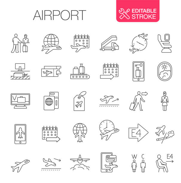 Airport Icons Set Editable Stroke Airport Icons Set. Editable Stroke vector illustration. Thin Line Icons. airport porter stock illustrations