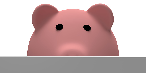 Planning savings for home / business finances Concept: Working 3d rendered pink pig toy on white background with copy space. Creative idea illustration for office poster presentation. Saving for bad days. Series of 6 files.