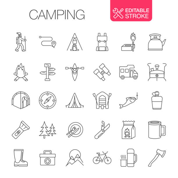 Camping Icons Set Editable stroke Camping icons set. Editable stroke. Thin line vector icons. survival tools stock illustrations