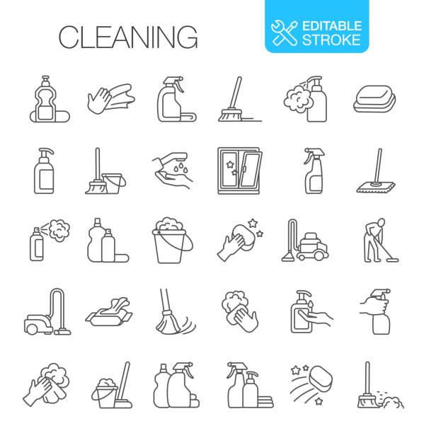 ilustraciones, imágenes clip art, dibujos animados e iconos de stock de iconos de limpieza establecer trazo editable - dust dusting cleaning broom