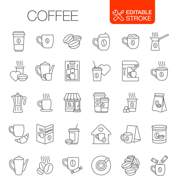 ilustraciones, imágenes clip art, dibujos animados e iconos de stock de iconos de café establecer trazo editable - caffeine drink coffee cafe