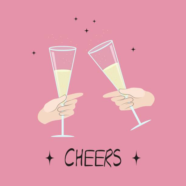 ilustrações, clipart, desenhos animados e ícones de duas taças de champanhe. namoro, bebida, aplausos, ilustração do dia dos namorados. - champagne pink bubble valentines day