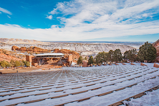 Wide Angle Shot of Snow-Covered Red Rocks Amphitheater in Morrison Colorado Near Denver on a Sunny Day in the Winter