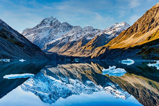 The Hooker Lake with its icebergs floating in the lake in summer at the end of the Hooker Valley Track in Aoraki National Park