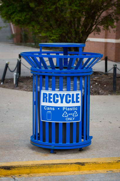 Blue recycle bin to collect cans and plastic ony 1 and 2