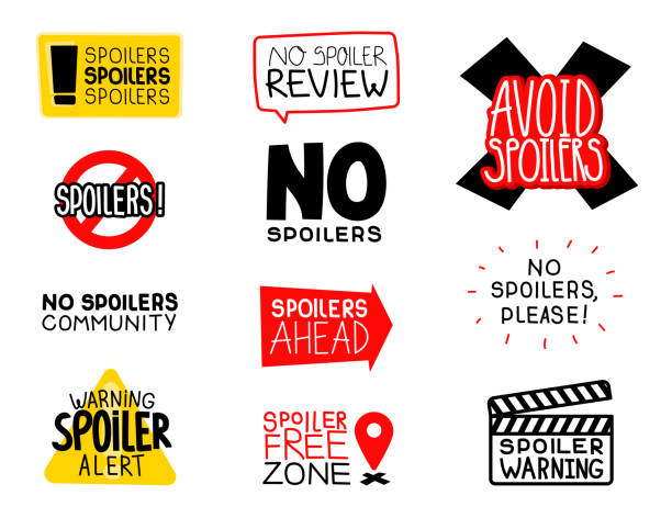 Print Spoiler alert vector illustration set. Warnings,  prohibiting signs and stickers with handwritten text. Lettering template for website banner, news teaser or warning message. spoiler stock illustrations