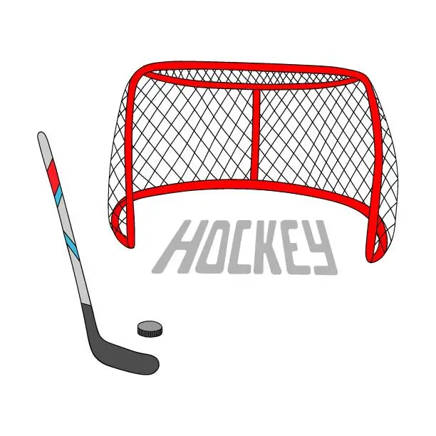 Vector illustration of Hockey vector illustration. Hockey stick, puck and gate. Ice hockey net