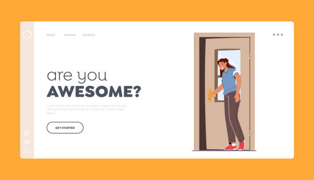 приглашение, вход в домашнюю квартиру или шаблон посадочной страницы офиса. символ, открывающий дверь, выходящий или входящий в дом - door opening women doorway stock illustrations