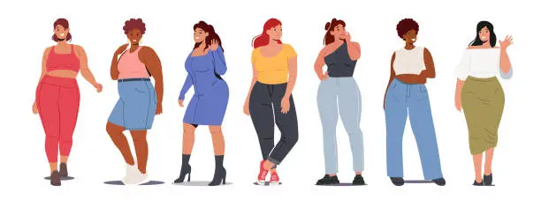 Vector illustration of Over Size Female Characters, Women Wear Casual Clothes Dress, Pants, Shorts. Curvy African American or Caucasian Girls