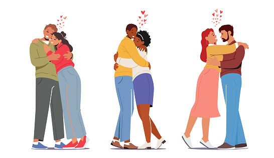 Happy Men and Women Embracing and Hugging. Loving Couples Hug, Romantic Relations Concept. Male Female Lovers Characters Dating, Love, Connection, Romance Feelings. Cartoon People Vector Illustration