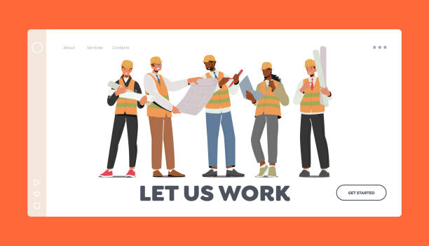 ilustrações de stock, clip art, desenhos animados e ícones de professional architecture employees landing page template. builder workers, construction engineers or foreman characters - foreman