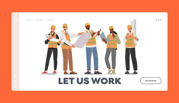 professional architecture employees landing page template. builder workers, construction engineers or foreman characters - i̇nşaat müteahhiti illüstrasyonlar stock illustrations