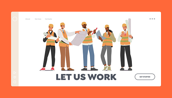 Professional Architecture Employees Landing Page Template. Builder Workers, Construction Engineers or Foreman Characters