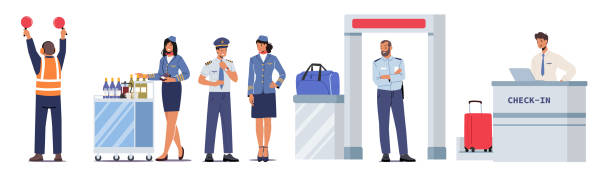 illustrations, cliparts, dessins animés et icônes de personnel de l’aéroport contrôleur de la circulation aérienne avec lumières, pilote d’avion, employé d’enregistrement à l’aéroport, sécurité et hôtesse de l’air - personnel aérien au sol