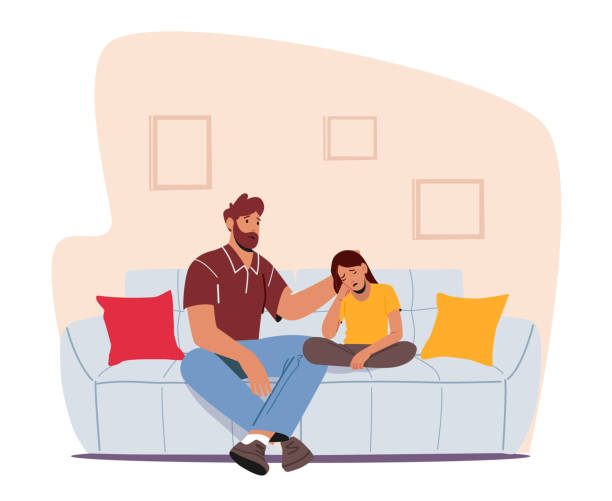 ilustrações de stock, clip art, desenhos animados e ícones de parenting, confidential relations, parent character support child. father and crying daughter sitting on sofa in room - father and daughter