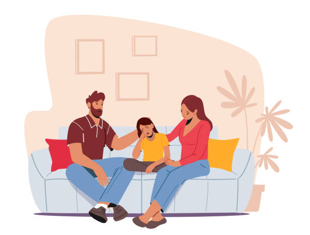 Father and Mother Comforting Upset Kid, Loving Parents Support Child, Daughter with Sad Emotions and Dull Face Father and Mother Comforting Upset Kid, Loving Parents Support Child, Daughter with Sad Emotions and Dull Face Sit on Sofa with Mom and Dad Family Characters. Cartoon People Vector Illustration bored teen stock illustrations