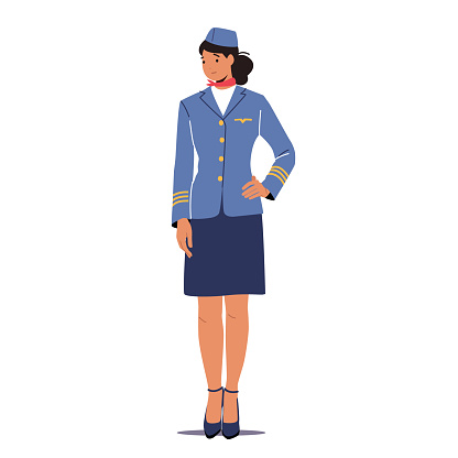 Stewardess Flight Attendant Air Hostess Girl Wearing Blue Uniform and Cap Stand with Arm Akimbo, Airplane Airline Staff Female Character Isolated on White Background. Cartoon Vector Illustration