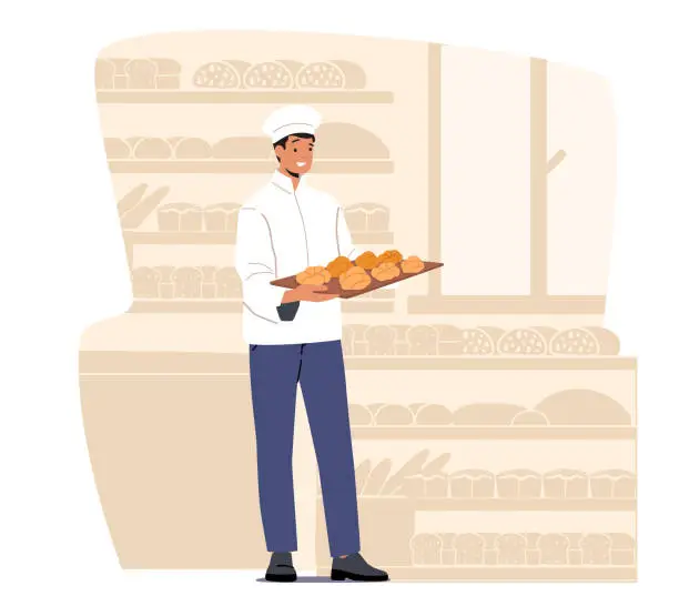 Vector illustration of Bakery Industry, Pastry and Baked Food Production and Manufacture. Man Chef Baker in Sterile Uniform and Hat Hold Tray