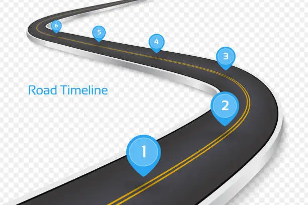 Vector illustration of Winding 3D road concept on a transparent background. Timeline template.