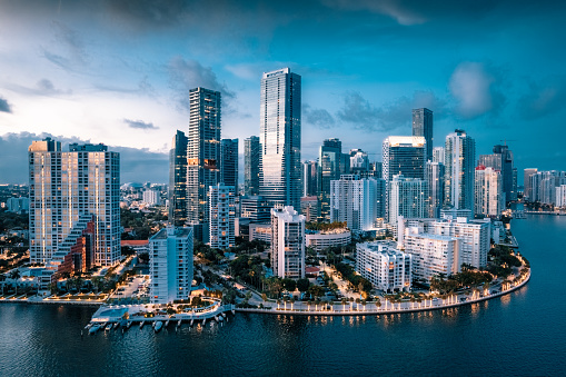 Aerial view of Miami skyline at sunset - Florida, USA