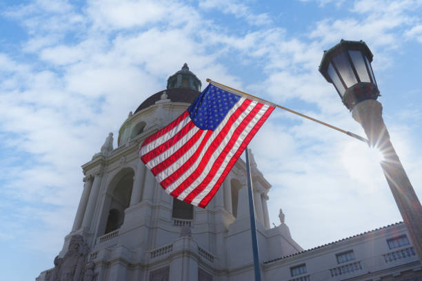 Image of the American flag against the Pasadena City Hall.