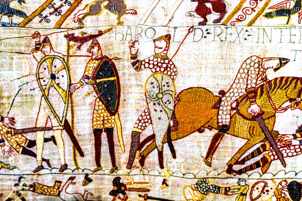król śmierci harold bitwa hastings bayeux gobelin normandia francja - tkanina z bayeux obrazy zdjęcia i obrazy z banku zdjęć