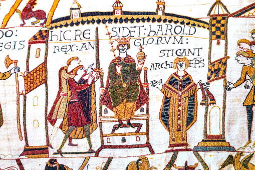 Colorful Medieval Bayeux Tapestry Bayeux Normandy France. Created 11th century right after Battle Hastings 1066 AD showing Norman Conquest England. Shows English King Harold