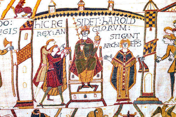 angielski król harold bayeux gobelin normandia francja - tkanina z bayeux obrazy zdjęcia i obrazy z banku zdjęć