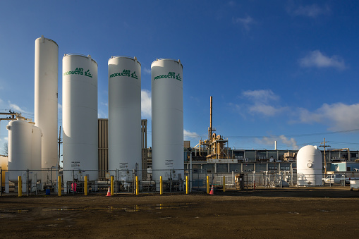 Albany, Oregon, USA - December 1st, 2020: Global leader in the supply of liquefied natural gas process technology, Air Products plant equipment and plant exterior