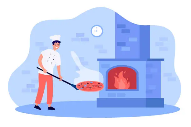 Vector illustration of Chef putting pizza on shovel to brick stone oven with fire