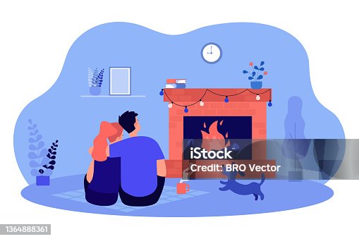 istock Embraces of couple sitting on floor near fireplace at home 1364888361