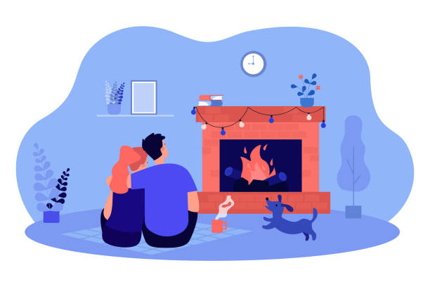 Embraces of couple sitting on floor near fireplace at home Embraces of couple sitting on floor near fireplace at home. Cozy evening time by fireside of people and dog flat vector illustration. Love concept for banner, website design or landing web page landing touching down stock illustrations
