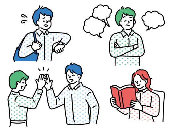 Vector illustration of Impatient, high-five, troubled, read a book (reading, late, rejoicing, companion, problem, dissatisfaction, moyamoya) I'm in a hurry, I'm in a high five, I'm worried, I'm reading. Reading, being late, rejoicing, companions, problems, dissatisfaction.