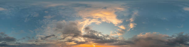 istock Dark blue sunset sky panorama with Cirrus clouds. Seamless hdr pano in spherical equirectangular format. Complete zenith for 3D visualization, game and sky replacement for aerial drone 360 panoramas 1364891001